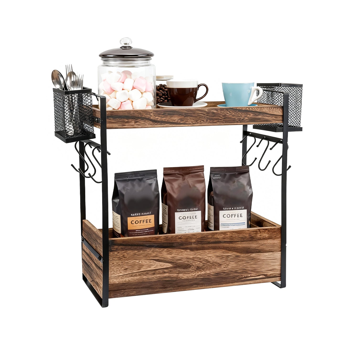 3-Tier Countertop Organizer Station with 12 Mug Hooks – Multi-Functional Coffee Bar Kitchen Storage Shelf, Space-Saving Home & Office Display Rack