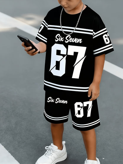 2pcs/Set Boys' Casual Stylish Creative Graphic Number 67 Cartoon Print Short Sleeve T-Shirt And Shorts Set, Comfortable Daily Wear for Spring, Summer & Autumn, for Outdoor