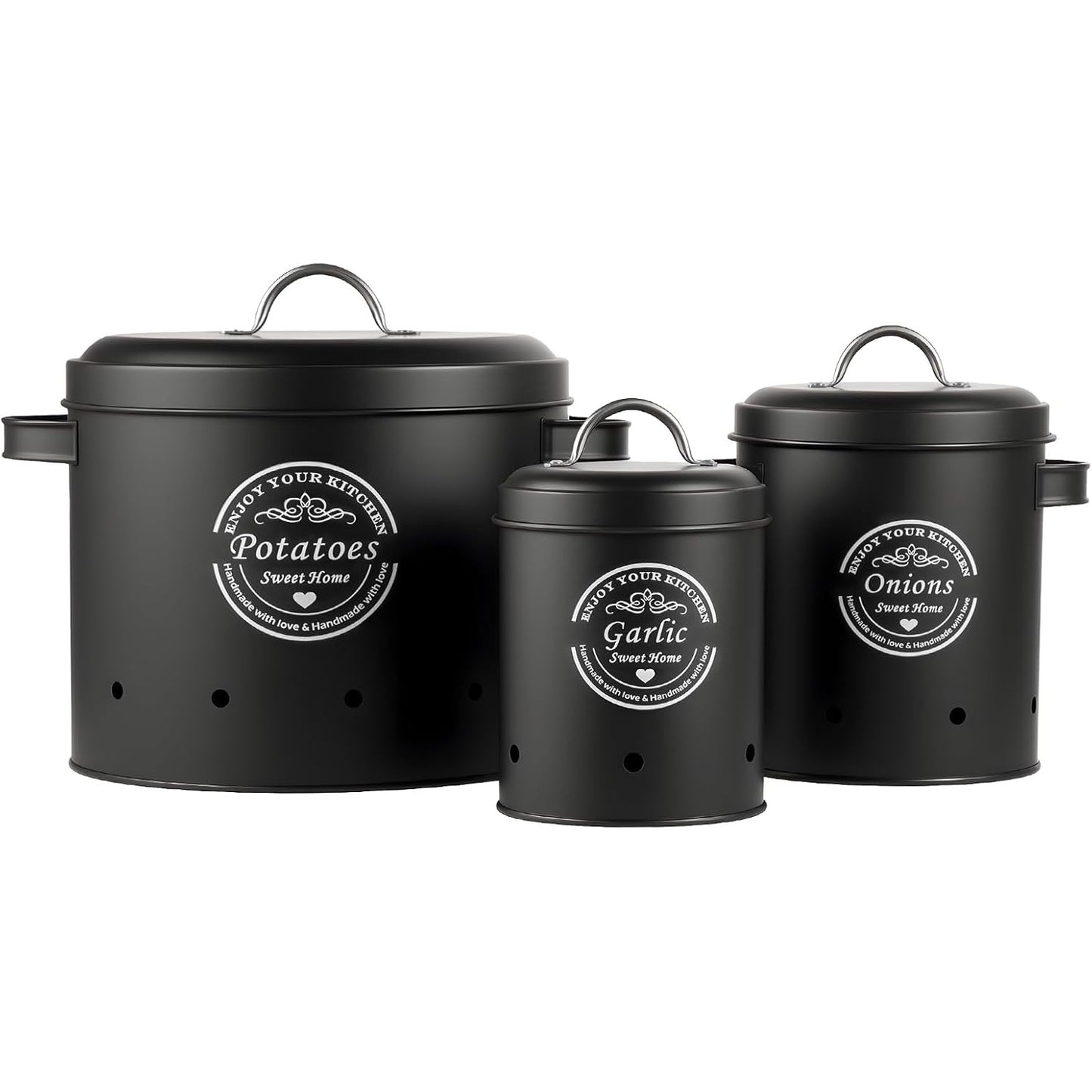 Retro Canister Set of 3 – Potato, Onion, Garlic Storage Containers – Stylish Metal Tins for Kitchen Pantry – Fresh Vegetable Keeper