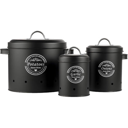 Retro Canister Set of 3 – Potato, Onion, Garlic Storage Containers – Stylish Metal Tins for Kitchen Pantry – Fresh Vegetable Keeper
