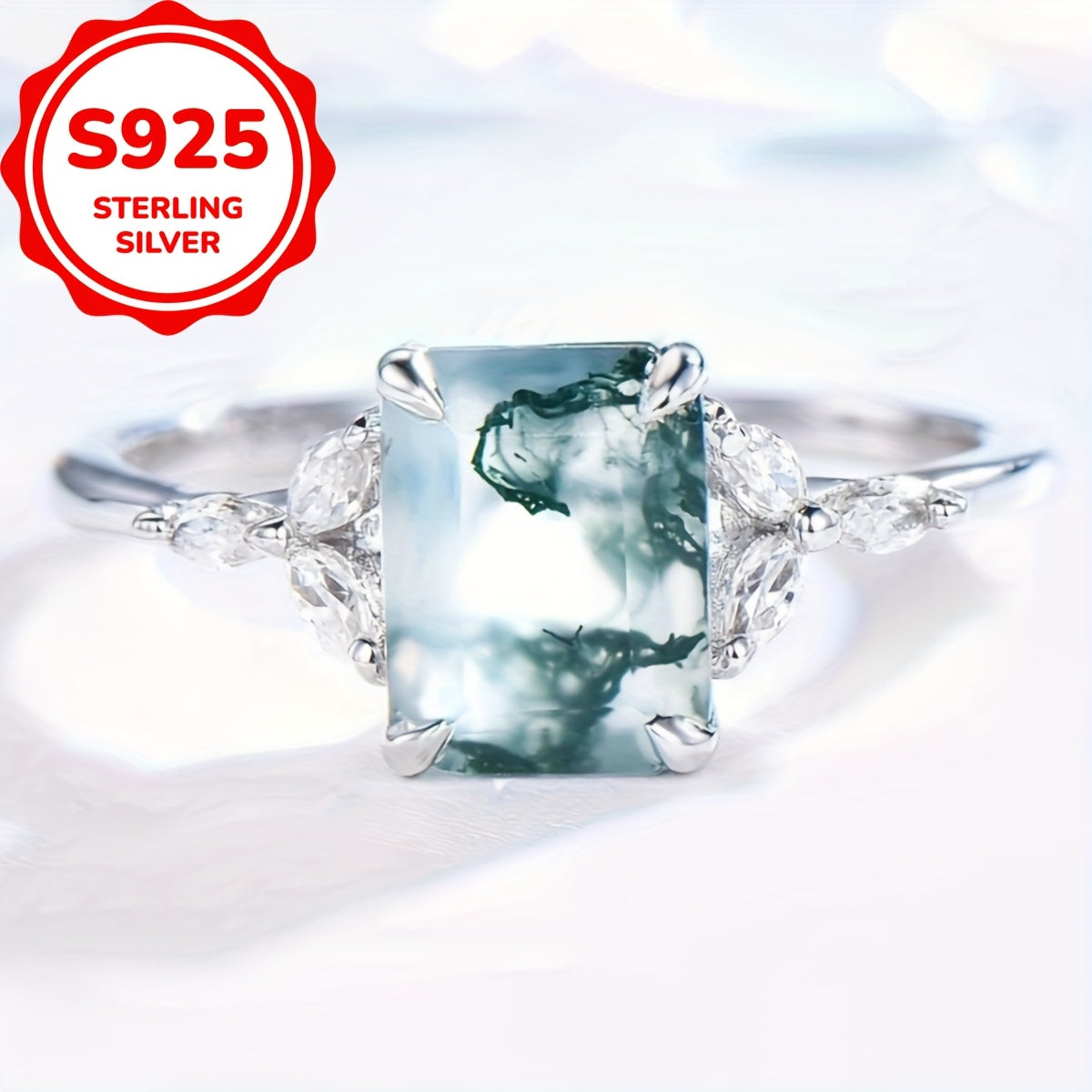 Unique S925 Sterling Silvery Natural Water Agate Ring for Women - Stylish and Elegant Engagement or Wedding Band, 2.8g