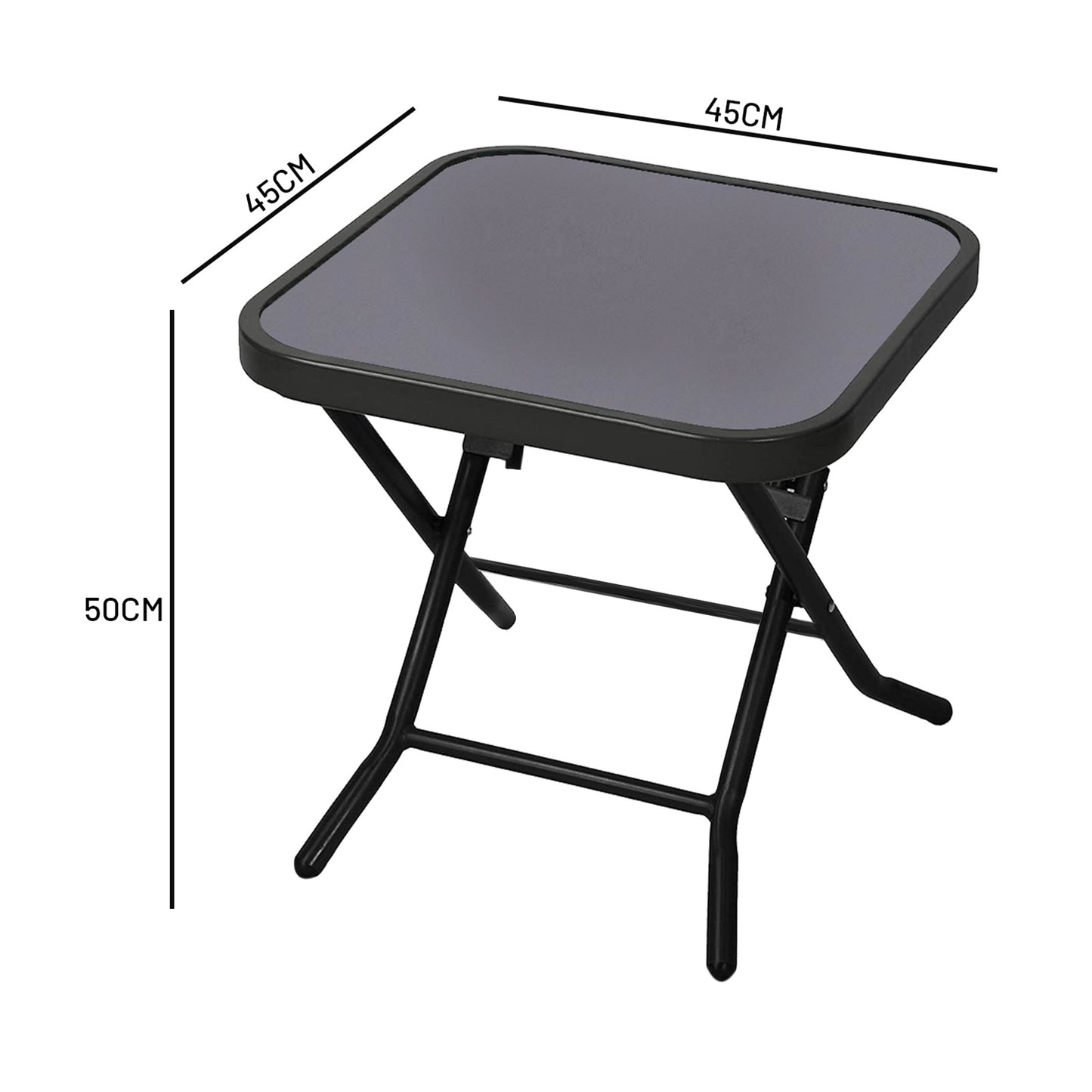 Folding Side Table with Glass Top, Small Outdoor Coffee Table, Garden Home Furniture for Indoor Outdoor Cafe Dining, Black (Square)