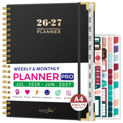 A4 Academic Diary 2026-2027 Week to View, July 2026 - June 2027, Large Weekly & Monthly Planner with Monthly Tabs, 4 Planning Stickers, 21.5 X 28 Cm, Hardcover Planner for School Teacher Student