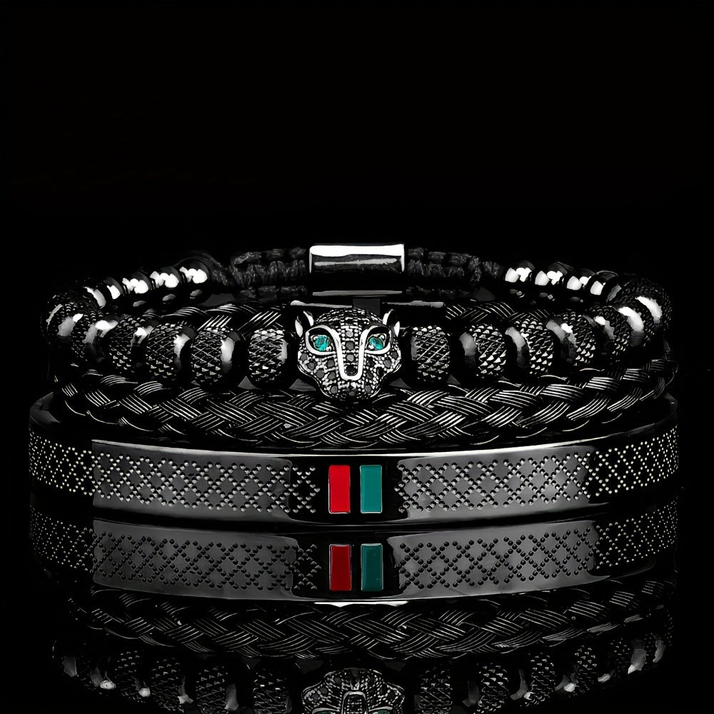 Luxury Handmade Braiding Bangle bangle bracelet Men Pave CZ Leopard Head Enamel Green Red Bangle bangle bracelet 304L 304 304L 304 Stainless Steel Jewelry