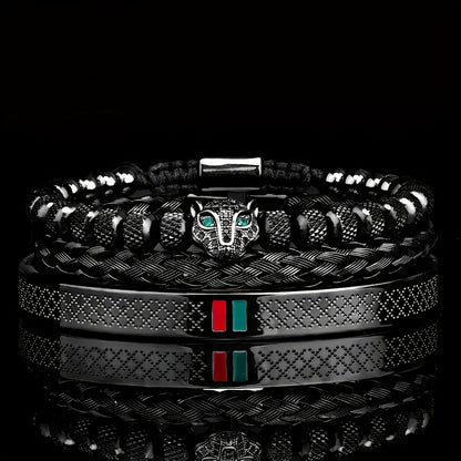 Luxury Handmade Braiding Bangle bangle bracelet Men Pave CZ Leopard Head Enamel Green Red Bangle bangle bracelet 304L 304 304L 304 Stainless Steel Jewelry