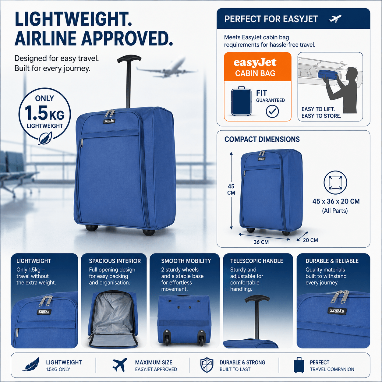 ZAHRAB 45x36x20 Underseat Bag Lightweight Hand Luggage Cabin Bag Trolley with Wheels Flight Bags Suit Case