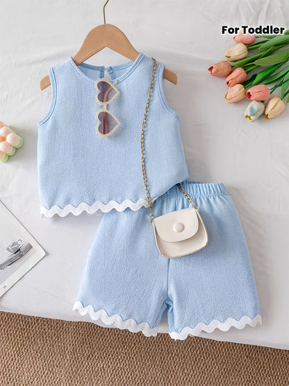 Girls' Summer 2pcs Set: Sleeveless Top and Shorts with Scalloped Hem Design, Fresh and Fashionable Outfit. Light Blue Toddler Set: Sleeveless Tank Top + Shorts, Soft and Breathable Summer Outerwear. Girls' Summer 2pcs Set with Scalloped Lace Trim