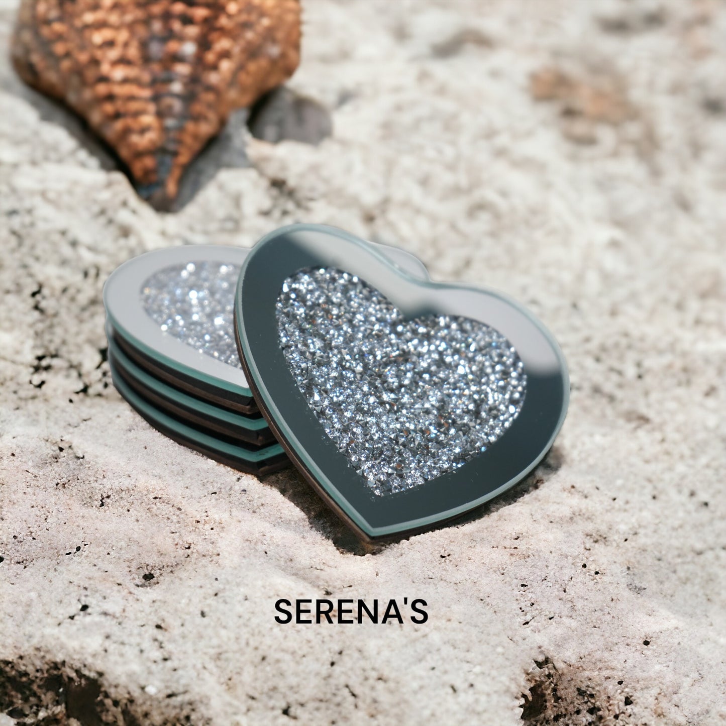 SERENA'S ® Set of 4 Heart Crystal Coasters – 10cm Glass Mirrored Drink Coasters with Glitter Crushed Diamond Design – Elegant Coasters for Home, Kitchen, Bar, or Table Decoration