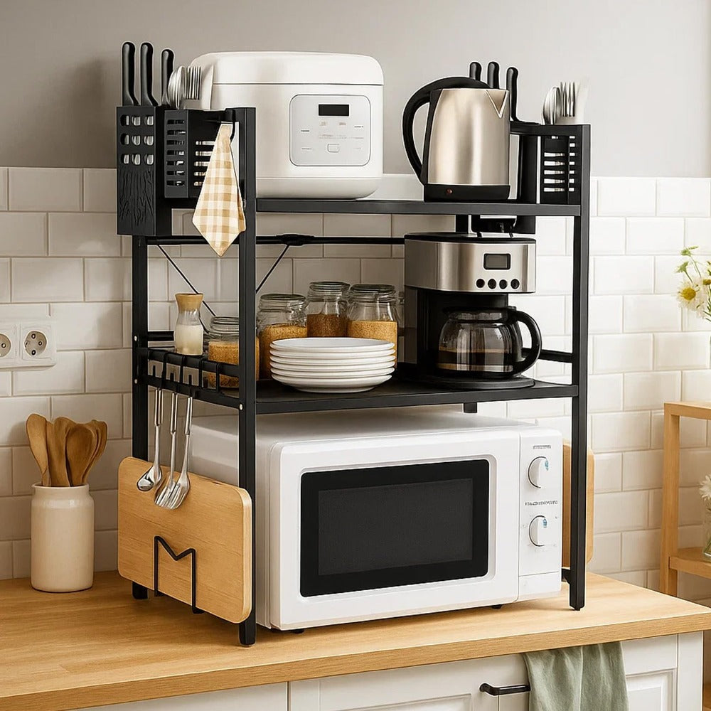 Heavy-Duty Expandable Microwave Rack - Adjustable Width (40-60cm) & Height, 3-Tier Kitchen Organizer with 6 Hooks, Space-Saving Countertop/Cabinet Storage Shelf, Sturdy Metal Construction, Easy Assembly for Microwave, Pots, Pans, Utensils - Ideal for Smal