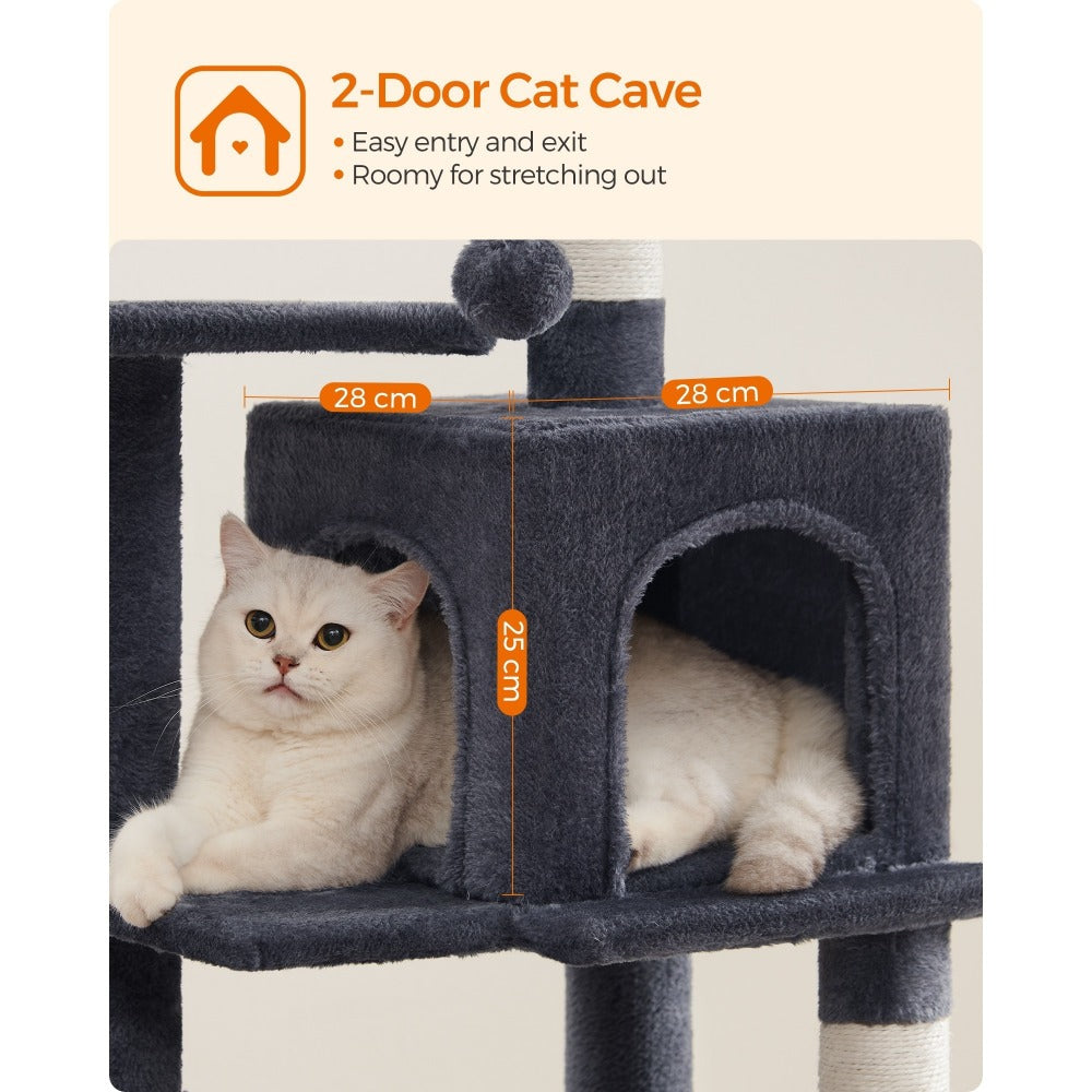112cm Cat Tree Multi-Level Plush Tower Condo with 4 Scratching Posts, Hammock, Cave & Platforms – Stair-Step Design with Hanging Toys | Easy Assembly Indoor Cat Furniture | Pink White Beige Grey | UK