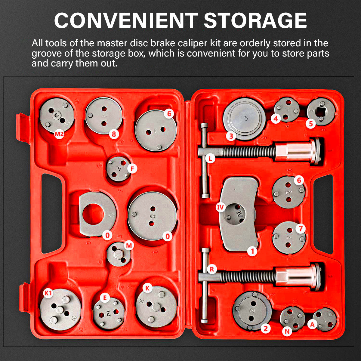 Universal New Brake Caliper Piston Rewind Wind Back Tool Kit Set 23pcs Disc Brake Caliper Compression Tool Kit And Piston Wind Back Tool with Case for Brake Pad Replacement Reset, Professional Heavy Duty Car Brake Caliper Compression Universal Tool