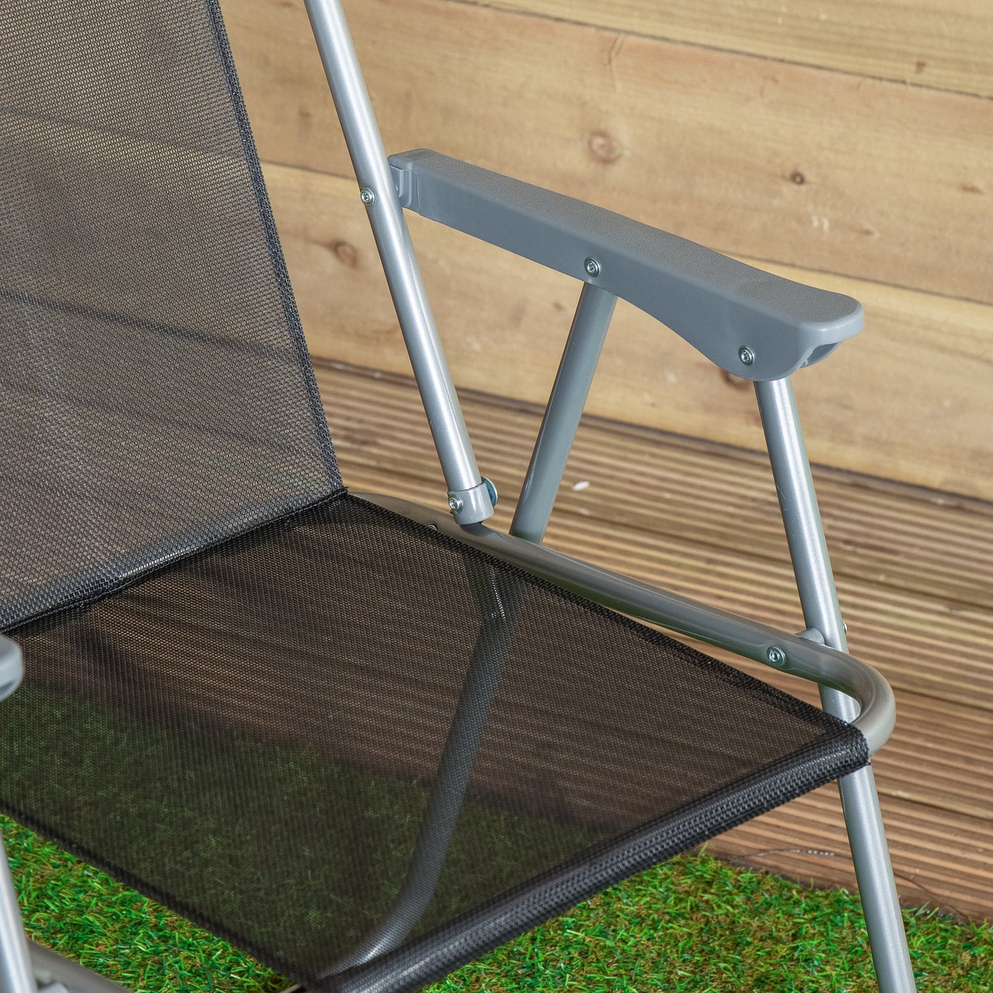 2 x Foldable Garden Chairs Fixed position garden chairs with grey frame and black fabric