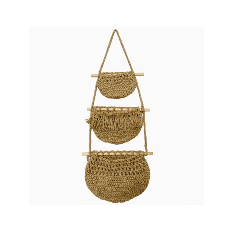 Boho Chic 3-Tier Wall Hanging Storage Basket - Handwoven Rope Organizer for Fruits, Vegetables & More - Easy Install, Versatile Home Decor, Storage Basket