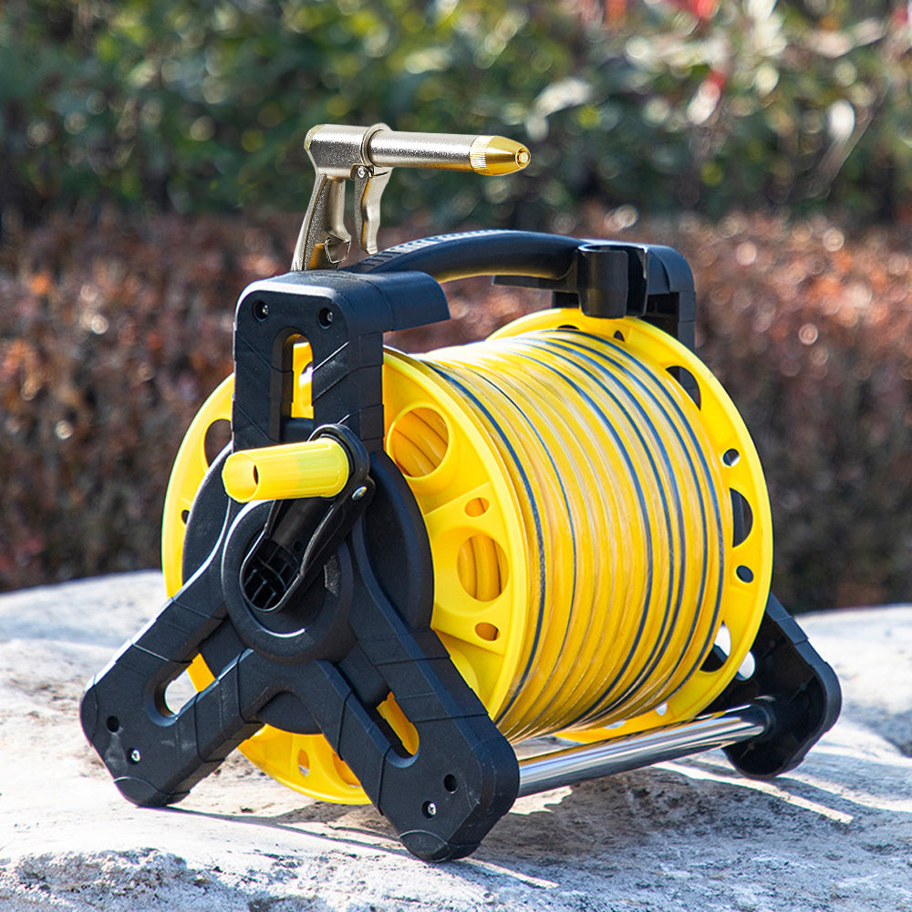 Complete Watering Kit/ Garden Hose Reel Trolley Portable With 20-50M Hose Pipe, Sprinkler Gun & Connector - Heavy Duty Watering System for Outdoor/Lawn/Car Wash (Yellow)