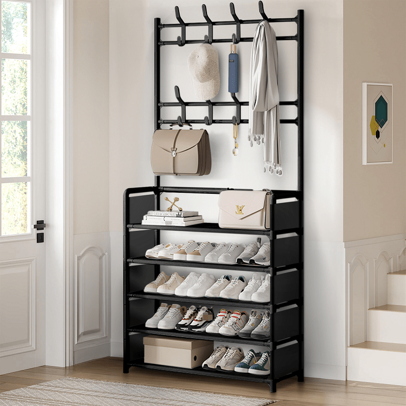1pc Black Coat Rack Shoe Storage 5 Tiers Metal Stand 8 Hooks Shelves 80Cm Widen for Living Room Bathroom Hallway Office Xmas Gift