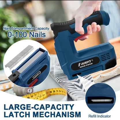 Electric Nail Gun - 2IN 1 Electric Wireless Nail Gun and Staple Gun with 1000pcs 18GA Brad Nails and 1000pcs Type 53 Staple, 100/PCS Max Capacity, USB Charging, Lightweight Staple Gun for Carpentry, Home Renovation. Easy-to-Use for DIY, Upholstery & Woodw