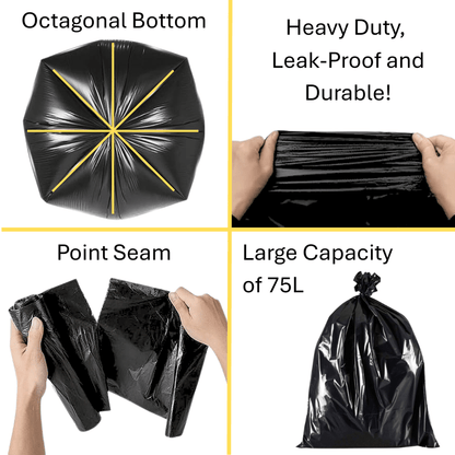 3pk Black Bin Bag Rolls Refuse Liners Sacks Disposable Kitchen Waste Dustbin Liner Trash Rubbish Leakproof Bins Bags Garbage Sack, 3 Rolls x 20 Liners Pack