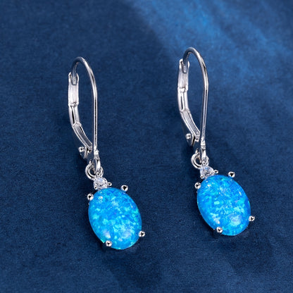 [Green Fire Opal Dangle Earrings] S925 Round-Cut Opal Dangle Earrings - Rhodium Plated Leverback Gemstone Drop Earrings 2.2G - Green Fire Opal Women Jewelry