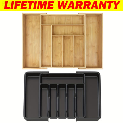 Expandable Bamboo Cutlery Organizer for Drawers, Ranging from 32 X 43 Cm to 52 X 43 Cm, with a Depth of 5 Cm. This Waterproof Utensil Holder Features 6 to 8 Individual Compartments Suitable for Use in The Kitchen, Bedroom, Or Office