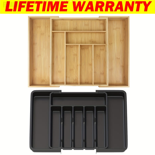 Expandable Bamboo Cutlery Organizer for Drawers, Ranging from 32 X 43 Cm to 52 X 43 Cm, with a Depth of 5 Cm. This Waterproof Utensil Holder Features 6 to 8 Individual Compartments Suitable for Use in The Kitchen, Bedroom, Or Office
