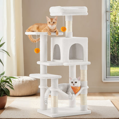 112cm Cat Tree Multi-Level Plush Tower Condo with 4 Scratching Posts, Hammock, Cave & Platforms – Stair-Step Design with Hanging Toys | Easy Assembly Indoor Cat Furniture | Pink White Beige Grey | UK