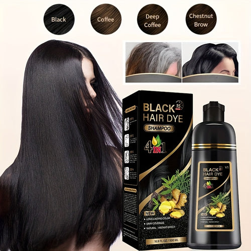 4-Color Hair Dye Shampoo (Black/Coffee/Deep Coffee/Chestnut) - Long-Lasting Gray Coverage & Natural Shine