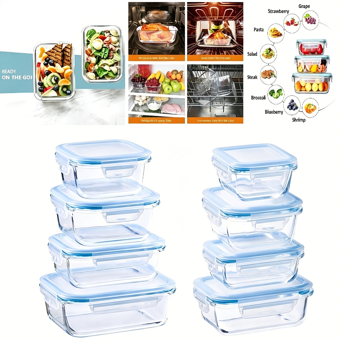 Glass Refrigerator Storage Box16pcs (8 Containers +8 LIDS), Food Storage Container, Crisper with Leak-proof Lock Lid - for Microwave, Lunch Box, Refrigerator, Party, Camping, Wedding - for Meals, Snacks, Fruits, Vegetables, Fitness Meals, Meat
