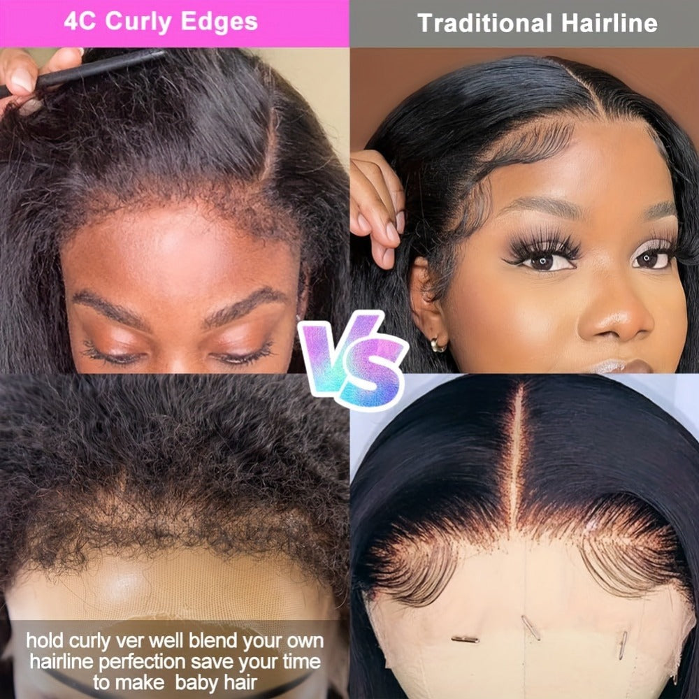 13x4 Lace Front Wig Human Hair – Yaki Straight 4C Kinky Edges, Transparent Lace, Pre-Cut Natural Hairline with Curly Baby Hair, Wigs for Black Women (50.8cm–60.96cm)