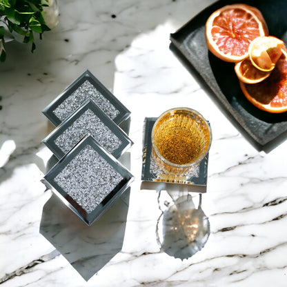 Serena's® Set of 4 Crystal Coasters – 10cm Glass Mirrored Drink Coasters with Glitter Crushed Diamond Design – Elegant Coasters for Home, Kitchen, Bar, or Table Decoration