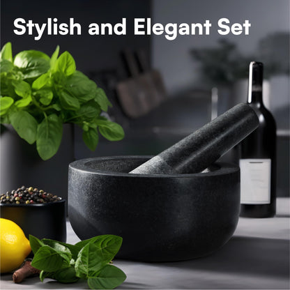 H&S Pestle and Mortar Set Premium Solid Granite Stone Large Black - 16cm (6.3in) Diameter