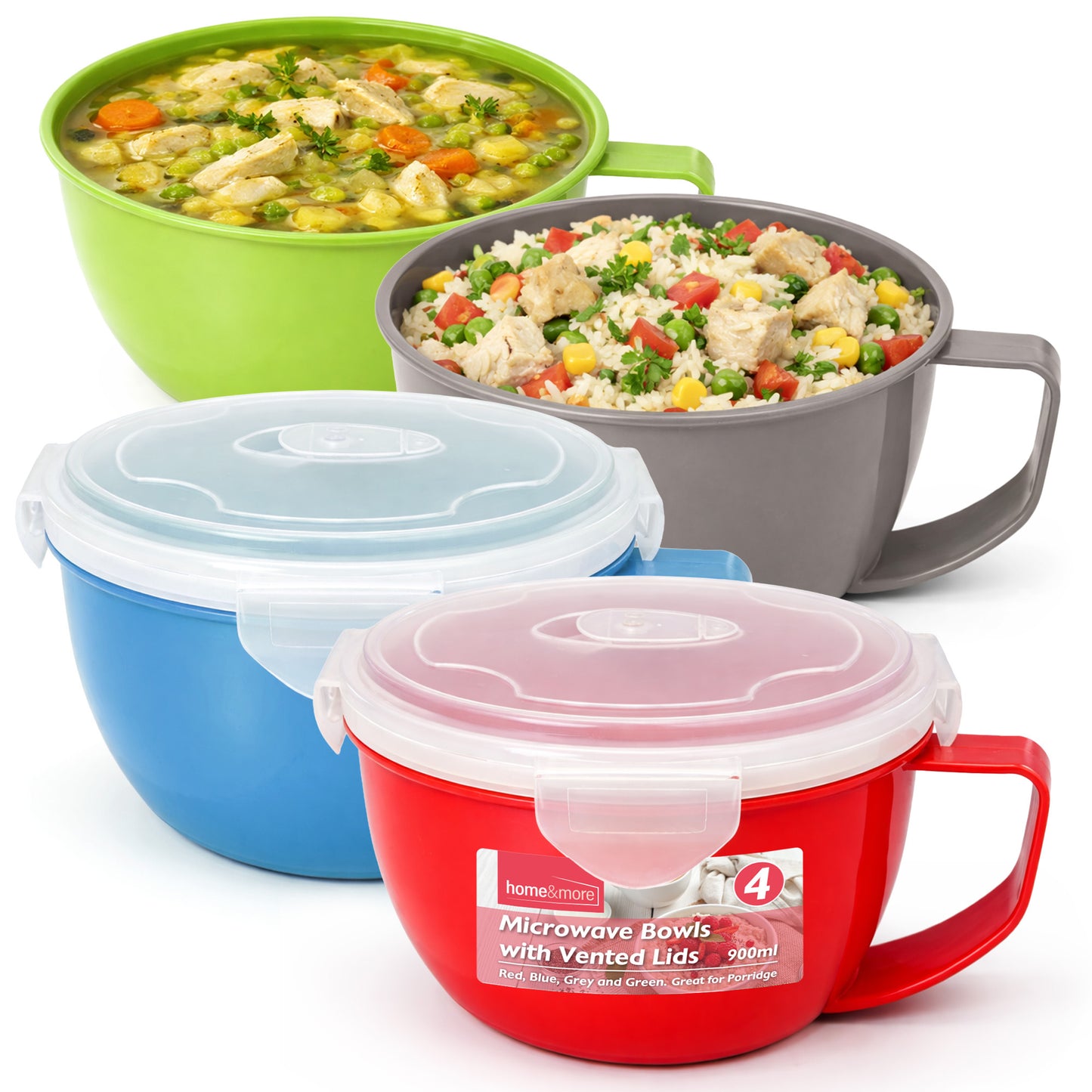 2-8 Pack Microwave Soup Bowl with Lid & Handle | 900ml Soup Mug Cup for Noodles, Porridge & Lunch | Leak Proof Food Container | Microwave-Safe Lunch Bowl with Vented Lid | Dishwasher Safe Portion Control Lunch Box | Reusable Microwavable Soup Mugs