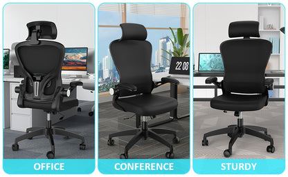 Ergonomic Office Chair, Desk Chair with Back Support, 360° Rotation, Adjustable Lumbar Support & Headrest & 90° Flip-up Armrest, Office Chairs for Home Office, Work, Bedroom, Computer Black