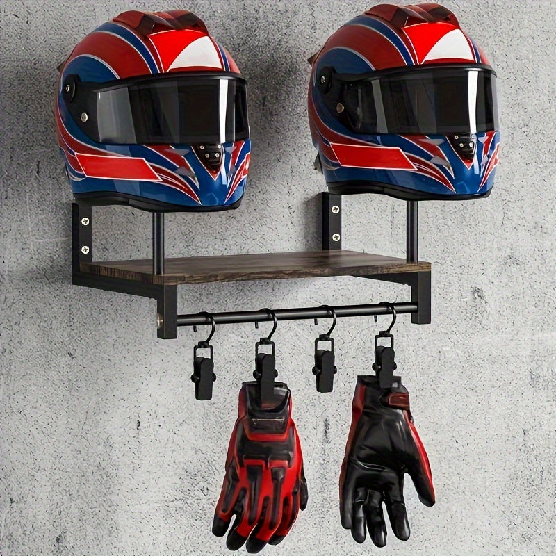 [Wooden Display Rack] Durable Wooden Wall-Mounted Motorcycle Helmet & Gear Display Rack with Key Holder*1 And Hooks