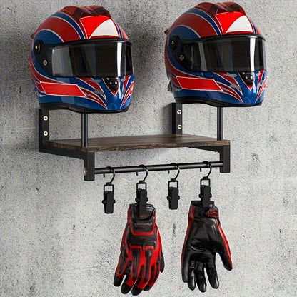[Wooden Display Rack] Durable Wooden Wall-Mounted Motorcycle Helmet & Gear Display Rack with Key Holder*1 And Hooks