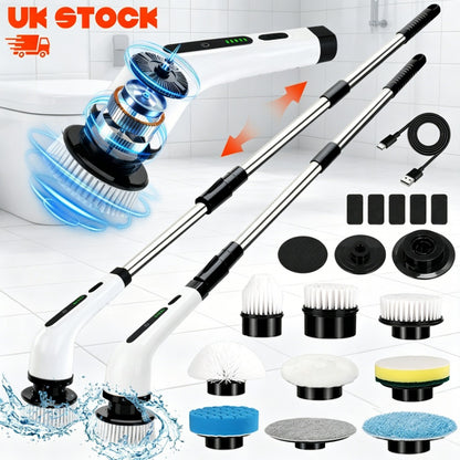 Cordless Electric Spin Scrubber 9-in-1 with Adjustable Long Handle & 9 Brush Heads – Rechargeable Power Cleaning Brush for Bathroom, Kitchen, Floor & Car | 3000mAh Full-Copper Motor, 2 Speeds, Extends to 54"
