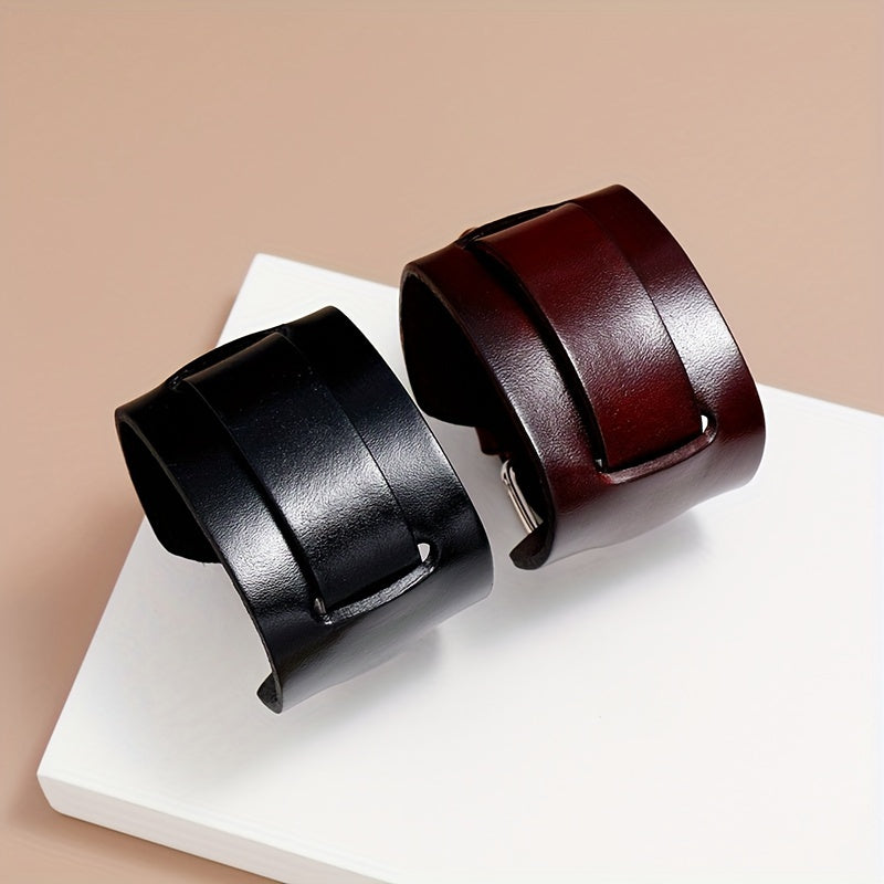 2pcs Easy Men'S Leather Bracelets Adjustable Friend Style Rock Wide Leather Bangle, Individual Versatile Men'S Accessory