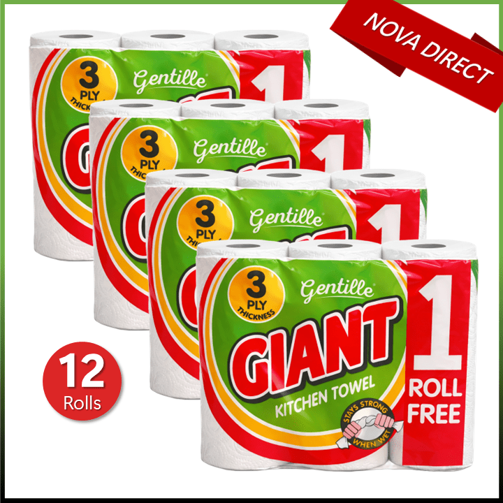 Gentille Giant 3 Ply Thickness Paper Towel | Extra Strong, Absorbent, Tough, Durable Kitchen Roll | Multipurpose Bulk Pack (12)