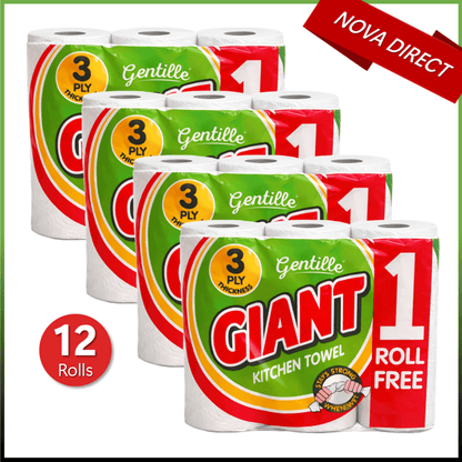 Gentille Giant 3 Ply Thickness Paper Towel | Extra Strong, Absorbent, Tough, Durable Kitchen Roll | Multipurpose Bulk Pack (12)