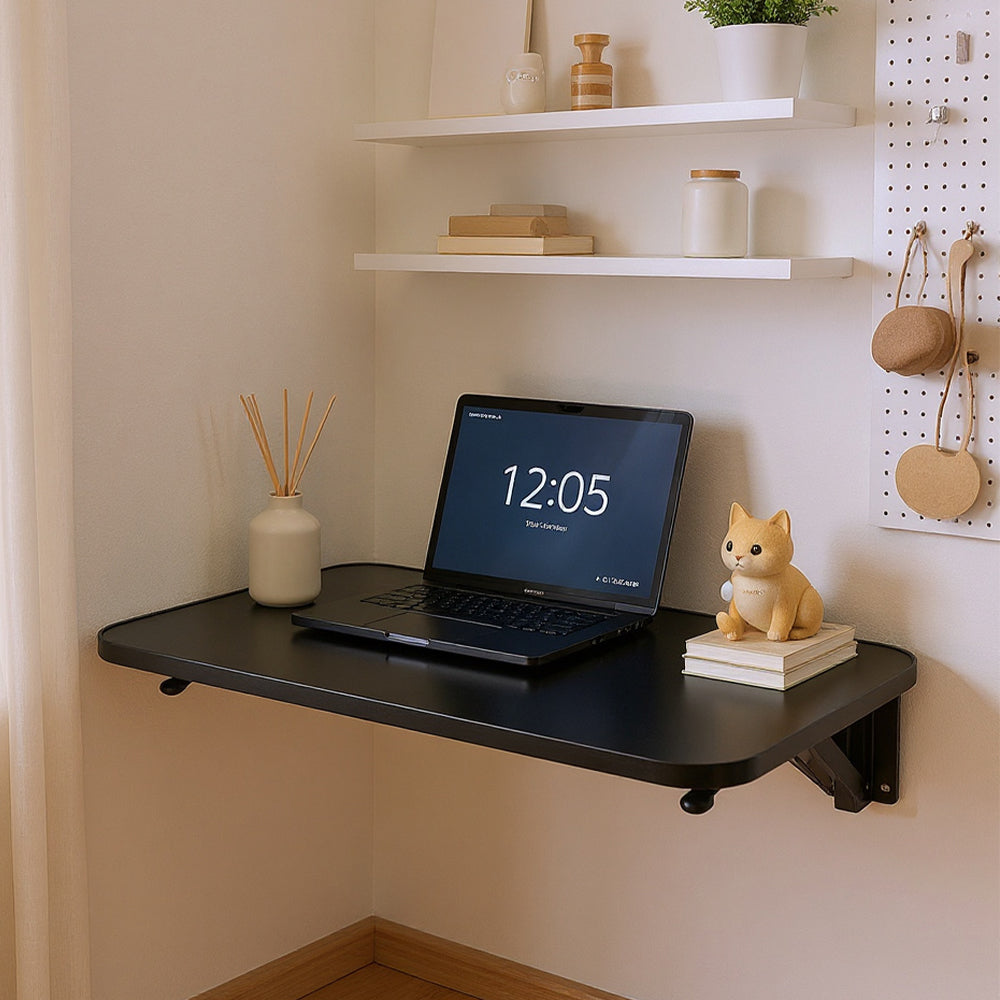 Wall Mounted Folding Desk Space-Saving Foldable Laptop Study Table Metal Frame - Home Office Wall Desk Black White 3 Sizes