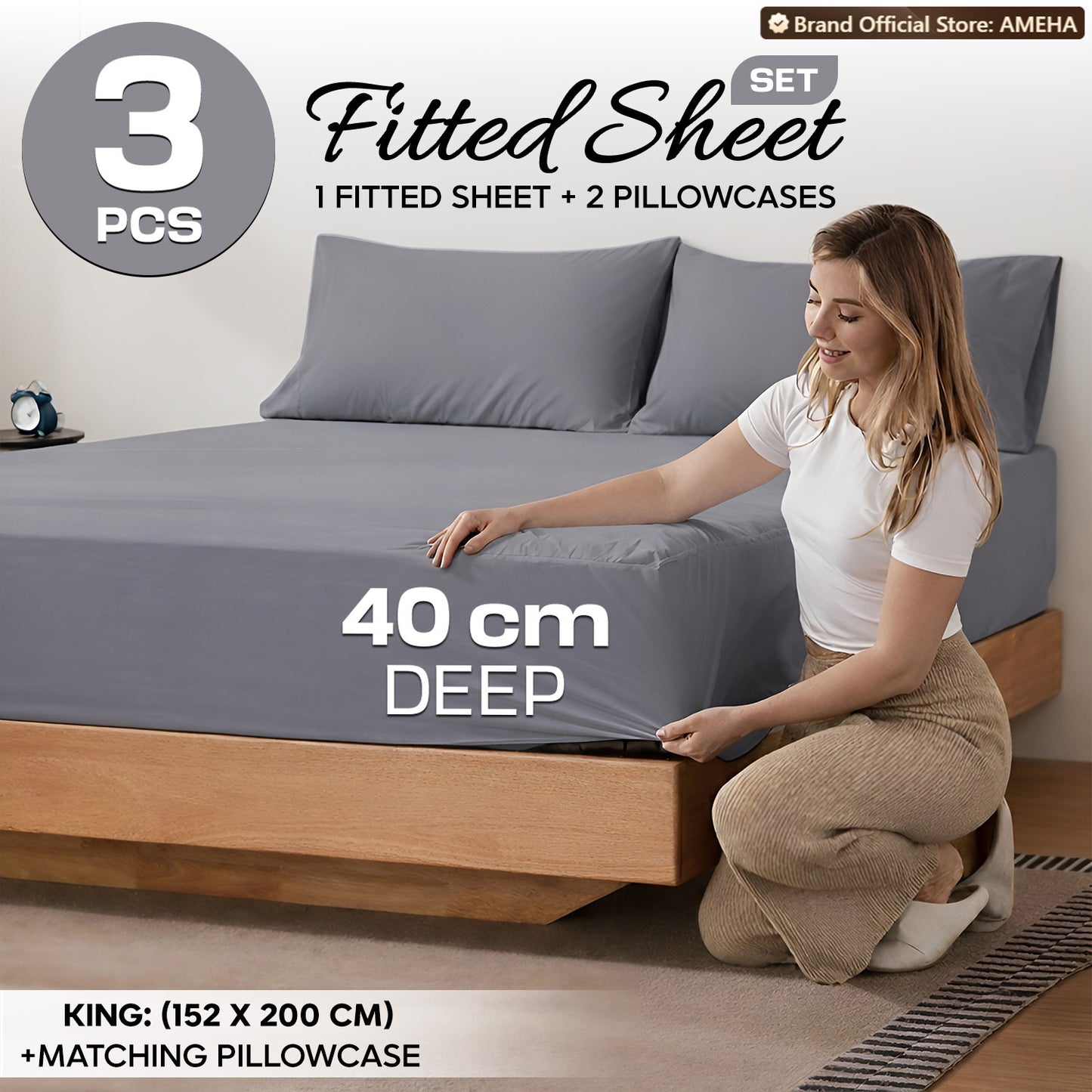 3pcs 40cm Extra Deep Fitted Sheet – Solid Color Soft & Comfortable Bed Sheet with 2pcs Matching Pillowcases, Breathable Fabric Soft Brushed Microfiber Bedding, Machine Washable for Home Bedroom, Hotel
