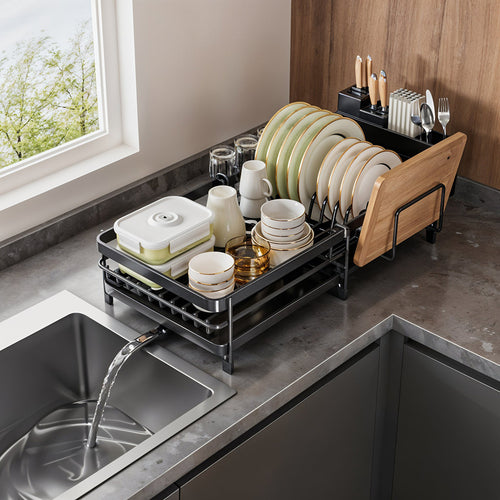 Adjustable Multi-Functional Dish Drainer Rack for the Kitchen, Wrought Iron Kitchen Utensil Rack, Large Capacity Storage Organiser with Drain Board, Utensil Rack, and Cup Hooks, Foldable Design to Save Space, Ideal for Drying Plates, Bowls, Pots, and Uten