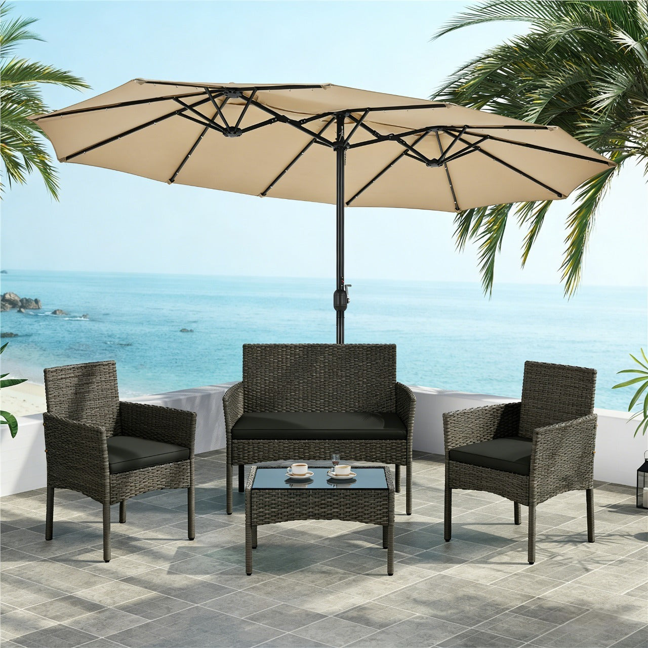 Costoffs Set of 4 Reception Set Outdoor, Garden Table & Sofa Set, Conversation Furniture Set with 2-Seat Sofa, 2 Single Sofa and 1 Coffee Table