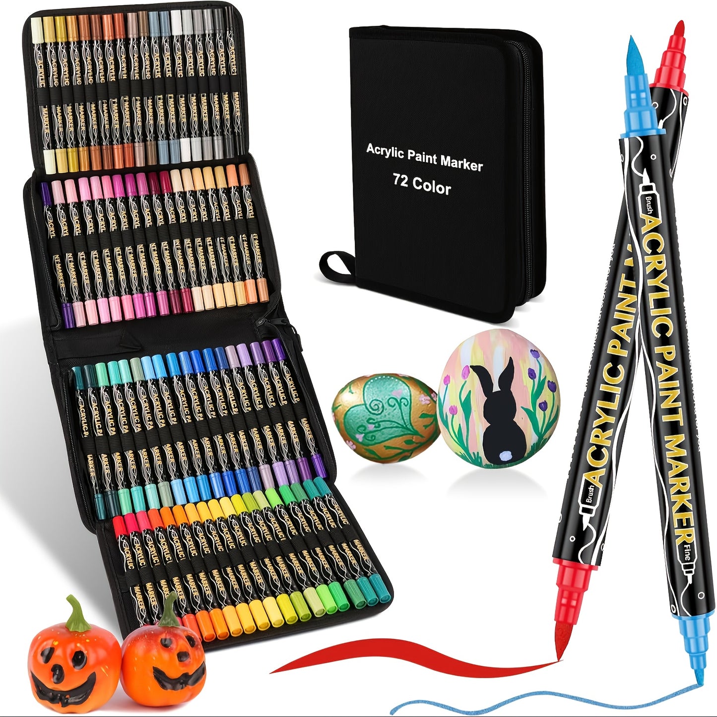 Acrylic Paint Pens Set with Tote Bag – 48 or 72 Dual-Tip Markers for Rock Wood Canvas Glass Ceramic Fabric Stone – Professional Art Supplies for Adults & Kids