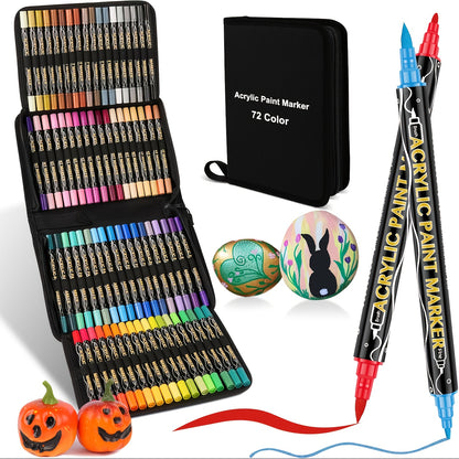 Acrylic Paint Pens Set with Tote Bag – 48 or 72 Dual-Tip Markers for Rock Wood Canvas Glass Ceramic Fabric Stone – Professional Art Supplies for Adults & Kids