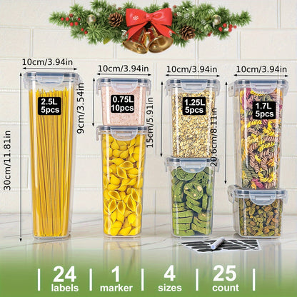 25pcs Air-tight Crisper With Lid, Label And Marker, Plastic Kitchen Pantry Storage Container For Sugar, Flour And Baking Supplies, Kitchen Supplies, To Keep Food Fresh And Organized