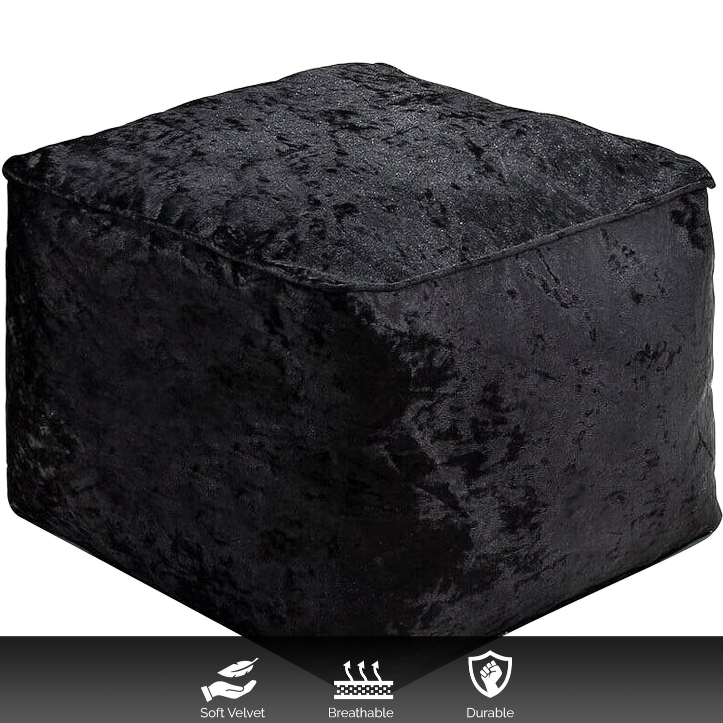 Fully Filled Velvet Bean Bag Footstool – Cube Pouffe Seat, 40×40×30cm, Soft Crush Velvet, Square Shape, Ideal as Foot Rest or Extra Seating