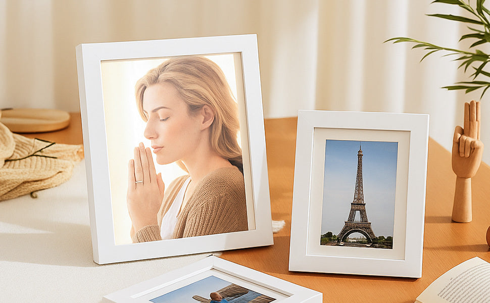 19 Pcs Wooden Photo Frame Set, Multi Size Picture Frames with Stand & Wall Hooks, Tabletop or Wall Mounted Display