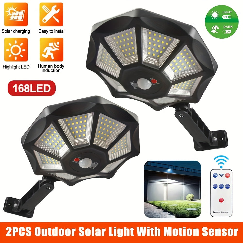 2/4pcs Solar Street Lights Outdoor Garden, 168LED Solar Motion Sensor Lights With Remote, 3 Lighting Modes Solar Lights, 180 ° Adjustable Commercial Street Lights, For Streets, Garages, Courtyards, Garden Terraces, And In Front Of Doors
