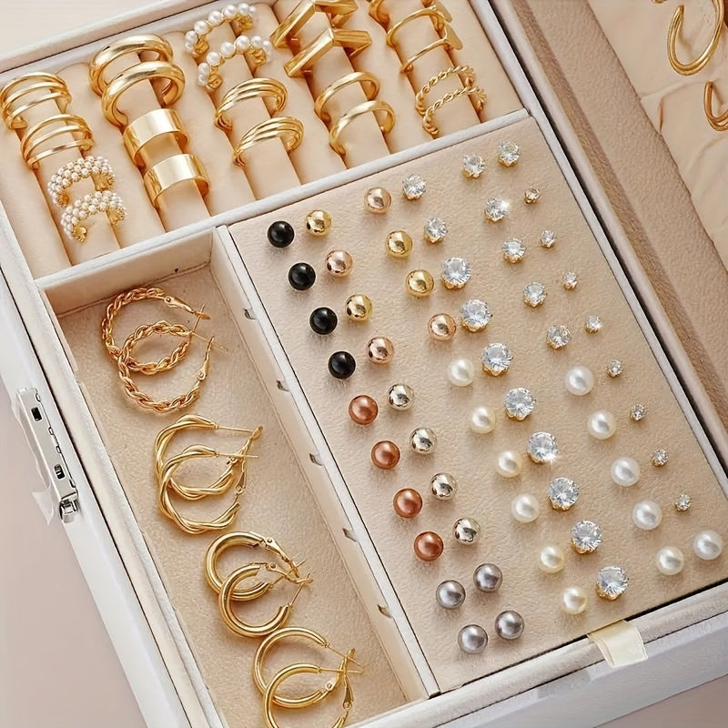[For Vacation, Dates] 108pcs Set of Simple, Rhinestone, and Metal Geometric Design Stud Earrings, Women's Hoop Earrings, for Vacation, Dates, and Daily Wear. No Box Included