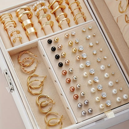 [For Vacation, Dates] 108pcs Set of Simple, Rhinestone, and Metal Geometric Design Stud Earrings, Women's Hoop Earrings, for Vacation, Dates, and Daily Wear. No Box Included